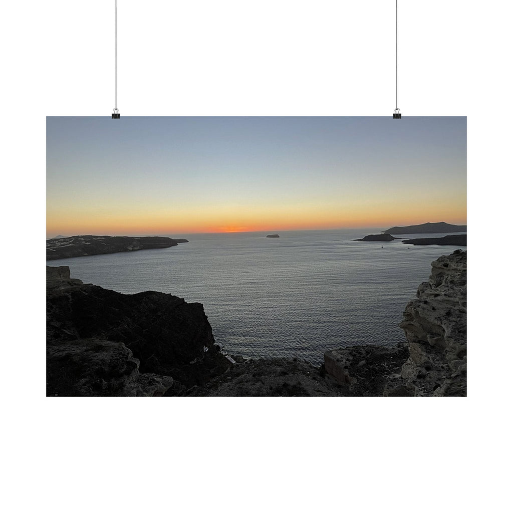 Mykonos Shoreline Sunset Wall Art | Ocean Cliff Landscape Satin Poster
