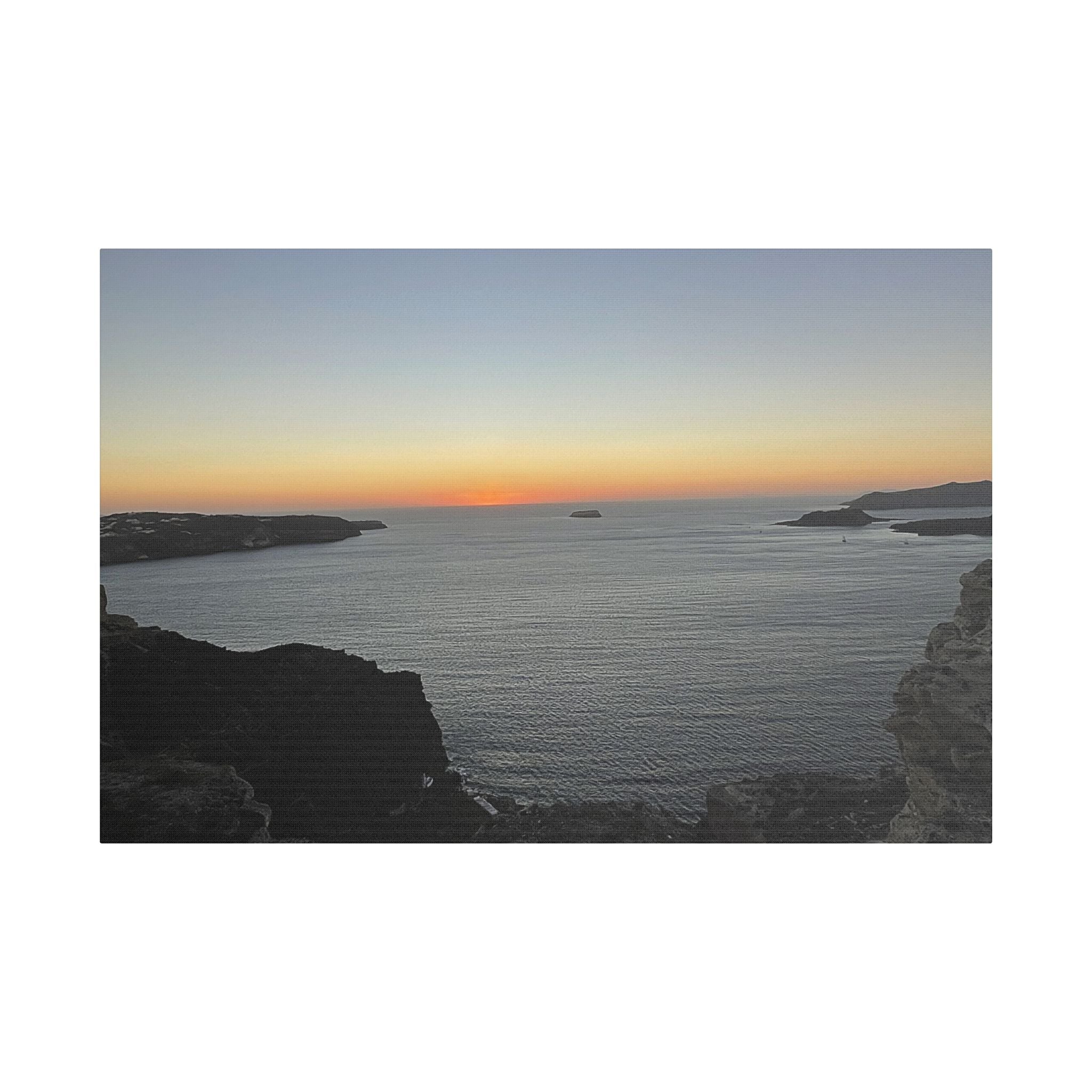 SOMETHING RESTING | Sunset Over Mykonos Shoreline Stretched Canvas | Ocean Cliff Landscape Satin Canvas