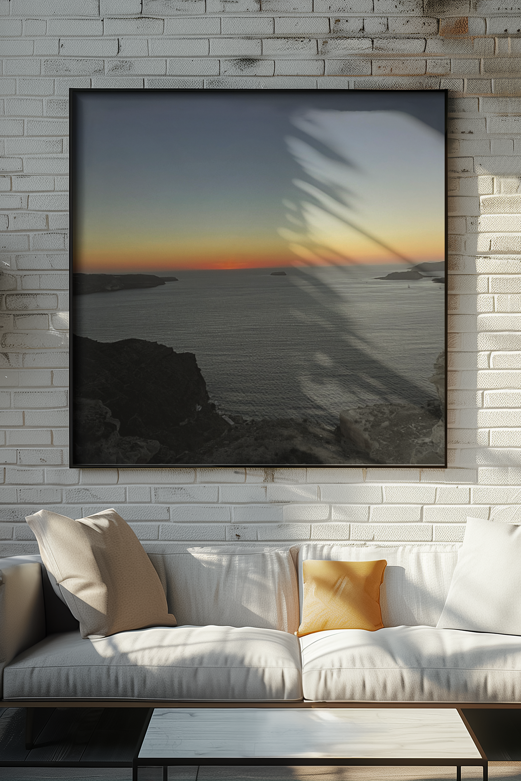 SOMETHING RESTING | Sunset Over Mykonos Shoreline Stretched Canvas | Ocean Cliff Landscape Satin Canvas