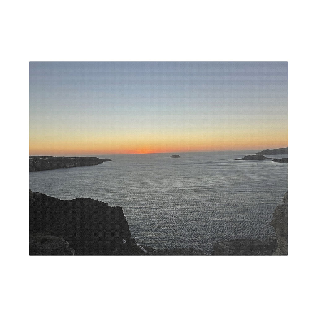 SOMETHING RESTING | Sunset Over Mykonos Shoreline Stretched Canvas | Ocean Cliff Landscape Satin Canvas