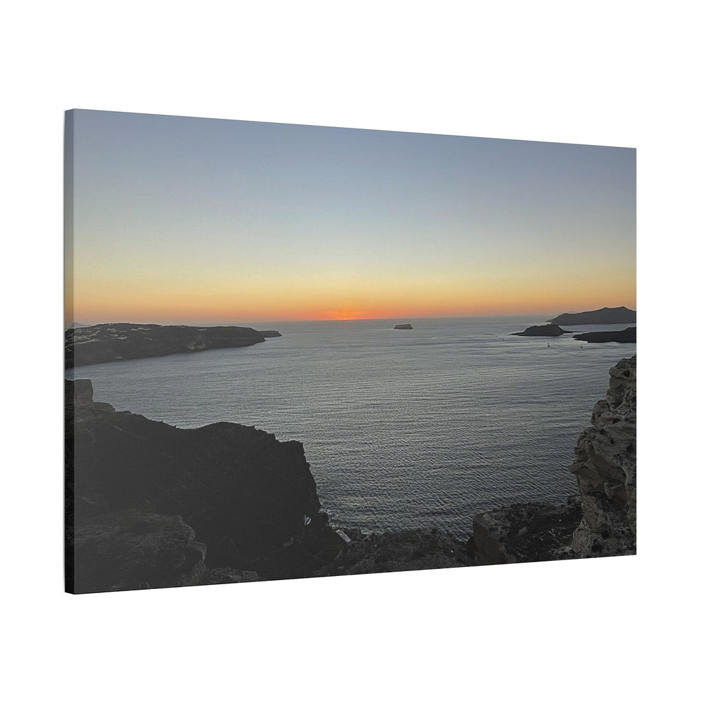 SOMETHING RESTING | Sunset Over Mykonos Shoreline Stretched Canvas | Ocean Cliff Landscape Satin Canvas