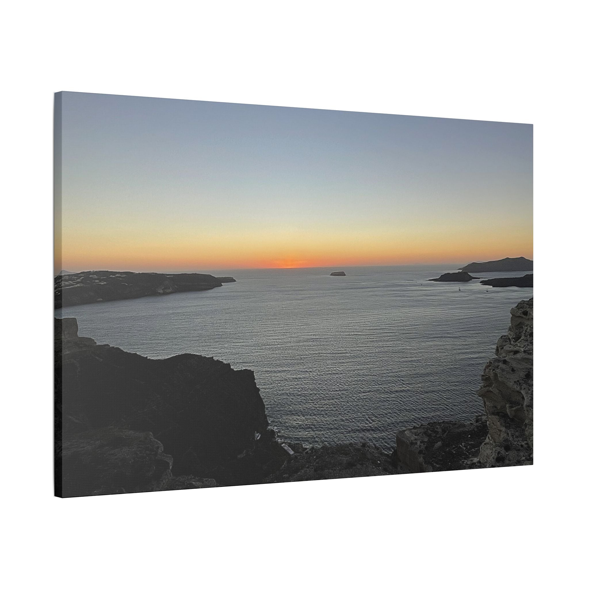 SOMETHING RESTING | Sunset Over Mykonos Shoreline Stretched Canvas | Ocean Cliff Landscape Satin Canvas